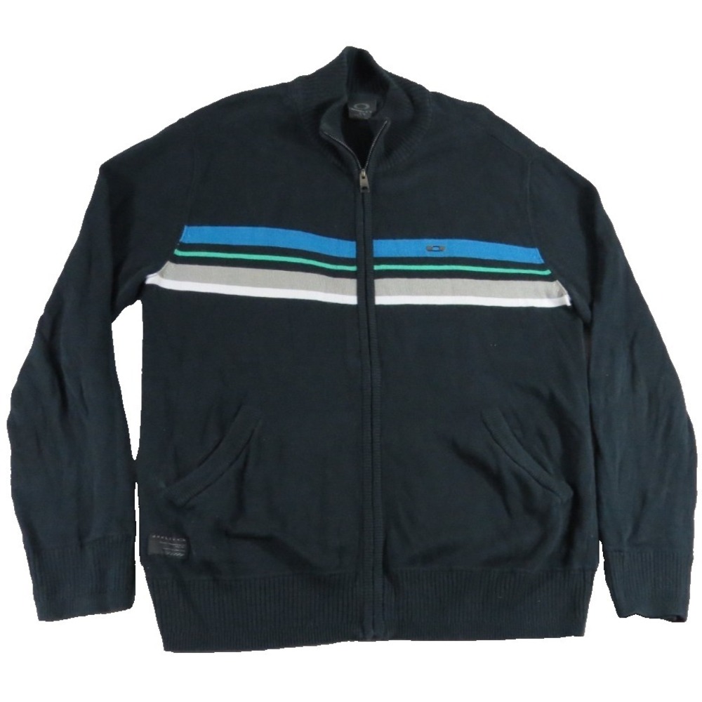 Oakley Full Zip Sweater Jacket Black Stripe Knit Mock Neck Men L Golf Athletic